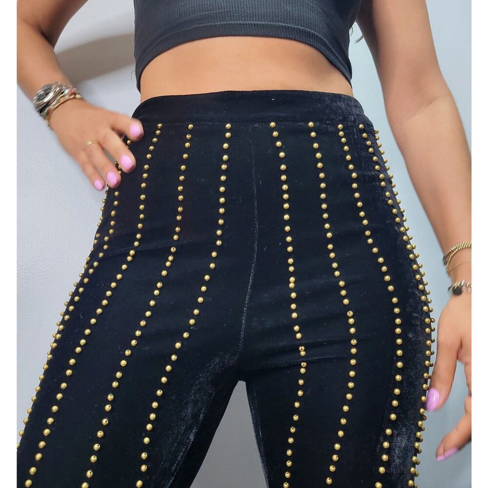 Vintage Y2K Pants Small‎ Black Velvet Gold Stud Stretch Pull On Flare Leg Goth - Picture 2 of 5